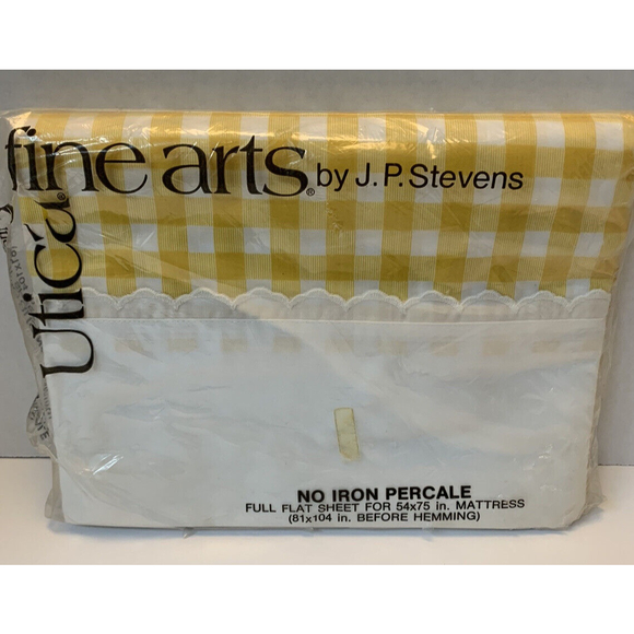Vtg NOS JP Stevens Utica Full Flat Sheet No Iron Yellow Checkered Retro Cottage